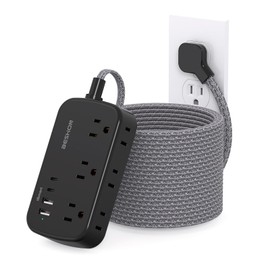 Extension Cord 25 Ft, Flat Plug Power Strip with 6 Outlets with 4 USB Ports(2 USB C), No Surge Protector for Home Office College Dorm Room Travel Essentials, Black