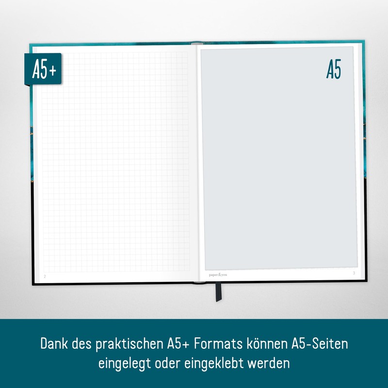 paper&you® Notebook A5+ Squared with Elastic Band [Shiny Teal] 156