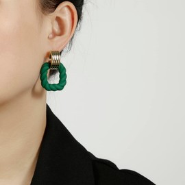 RUOFFETA Rectangle Earrings for Women, Acrylic Square Earrings Twisted Geometric Statement Earrings(Dark Green Gold)