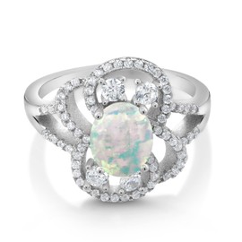 Gem Stone King 925 Sterling Silver 9X7MM Oval Cabochon White Simulated Opal Statement Ring For Women | 1.82 cttw | Available In Size 5, 6, 7, 8, 9