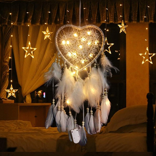 Camidy LED Dream Catcher Wall Decor, Feather Dreamcathers with Fairy Light Wall Hanging Heart Shape Dream Catcher Ornament for Wedding Party Bedroom Decor… (White)