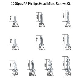1200 Pcs Mini Screw kit, M1/M1.2/M1.4/M1.7 Micro Phillips Head Pan Head Screws, Small Self-Tapping Electronic Screws Kit, Sunglasses Watch Repair Round Head Screws