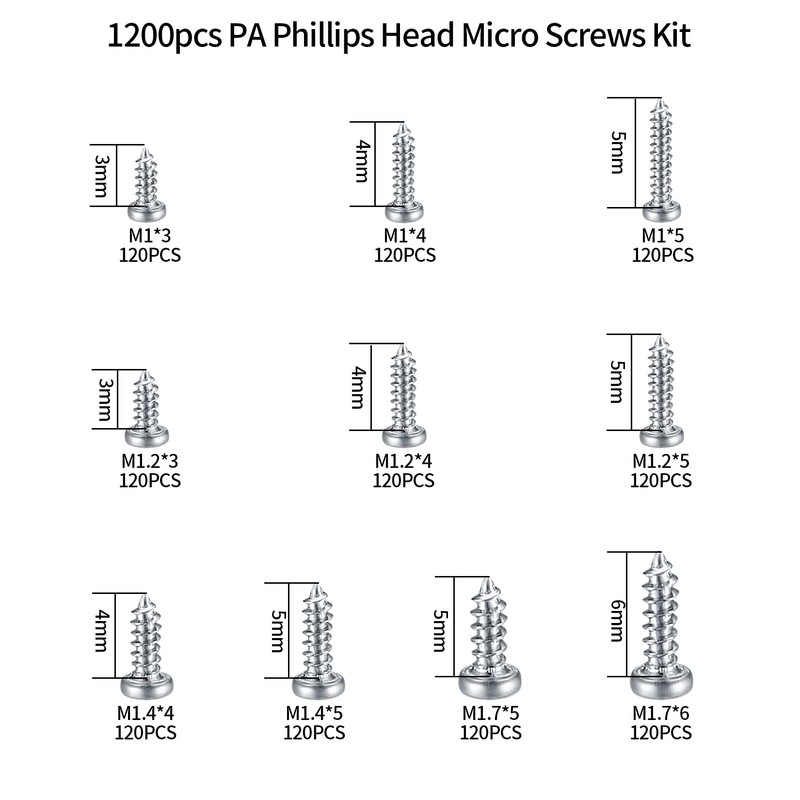 1200 Pcs Mini Screw kit, M1/M1.2/M1.4/M1.7 Micro Phillips Head Pan