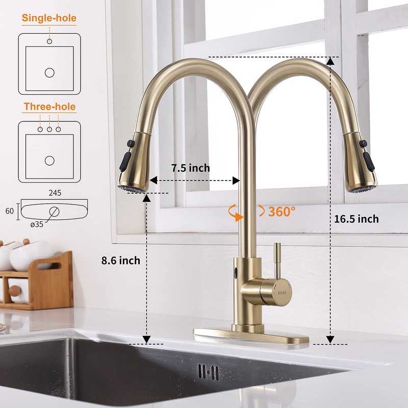 Gold Touchless Kitchen Faucet with Motion Sensor, Pull Down Sprayer