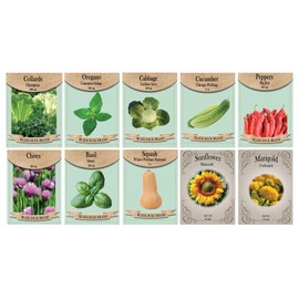 Vegetable, Flower, & Herb Seed Set - 10 Varieties of Non-GMO Heirloom Premium Seeds for Planting - Pepper, Basil, Sunflower, and More!
