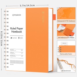 EMSHOI A5 Notebook Lined 300 Pages/150 Sheets, Wirebound Spiral Notepad, 100gsm Thick Paper, Waterproof Hardcover, Writing Journal for Women Men Work Office School, 14.5 x 21cm, Orange