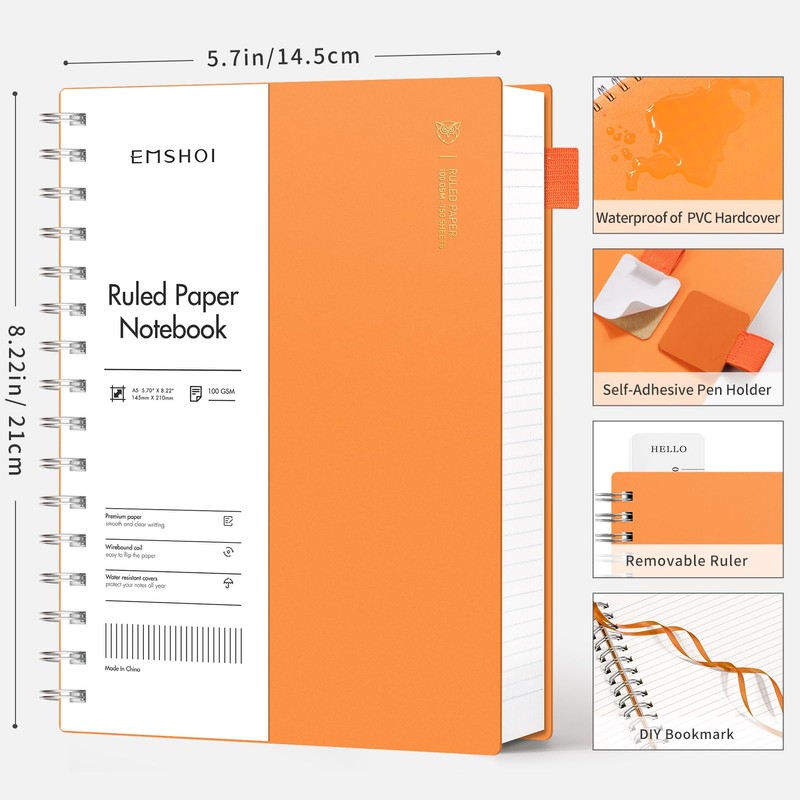 EMSHOI A5 Notebook Lined 300 Pages/150 Sheets, Wirebound Spiral Notepad,