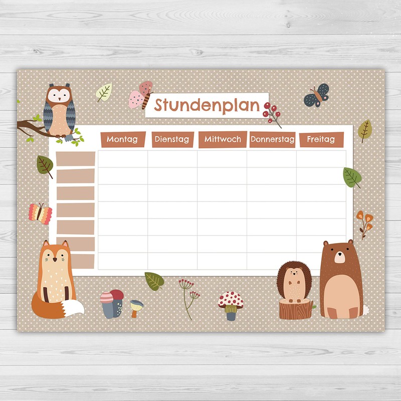 Papierdrachen Timetable DIN A4 Pad – Forest Animals – Writeable