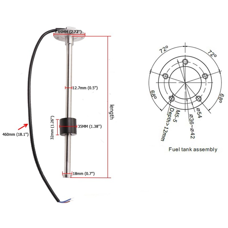 Kus 52mm(2'') Fuel Level Meter 0-190ohm Signal with Backlight 12V