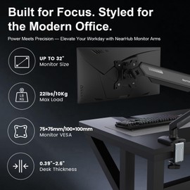 NearHub Single Monitor Mount Arm for 13-32" Up 22 lbs Screens | VESA 75x75/100x100 | Clamp/Grommet Base | Cable Management | Space Saving Desk Setup,180° Swivel, Tilt +90° to -45°, 360°Rotation