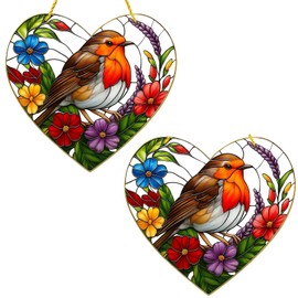 2 Pcs Window Sun Catcher, Sun Catchers For Windows, Shaped Robin Bird Suncatcher with Stained Glass Effect, Colorful Bird Ornament for Home Garden Gift Decor