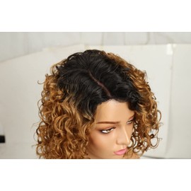 Black Textures Loose Curly Human Hair Wig, Ombre Black to Honey Blonde, Lace Front, 14 Inches, Natural Wavy Textures 1B/27
