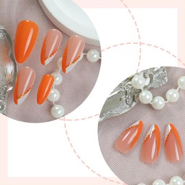 Almond Press on Nails Medium Length Fake Nails Orange Glossy Acrylic French Tip Nail Press on Full Cover False Nails with Gold Lines Designs Reusable Artificial Nail for Women Girls 24Pcs