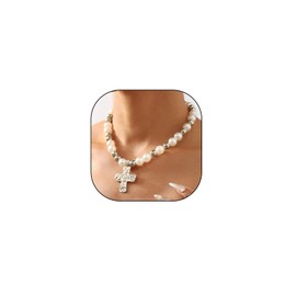 Cross Necklace for Women Chunky 14K Gold Pearl Cross Beaded Pendant Necklace Adjustable Vintage Pearl Ball Choker Necklace Birthday Jewelry Presents (Silver)