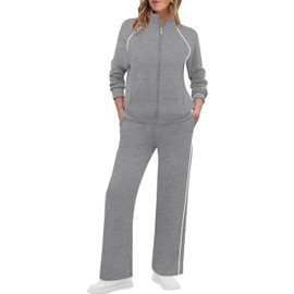 XIEERDUO Plus Size 2 Piece Outfits for Women Lounge Sets Fall Workout Long Sleeve Tracksuit Winter Zipper Sweatsuit Sweat Track Suit Athleisure Active Wear Matching Wide leg Sweatpants Grey XXL