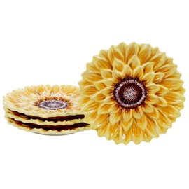 Sunset Sunflower 3-d Dessert Plates (Set Of 4) Red Yellow Floral Traditional Round Ceramic 4 Piece
