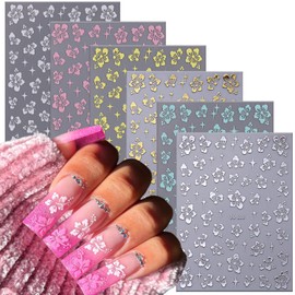6 Sheets Flower Nail Stickers 3D Stereoscopic Self-Adhesive Hibiscus Nail Decals Pink Yellow Golden Blue Silver White Design Nail Stickers for Acrylic Nails Stars Nail Art Supplies for Women Girls
