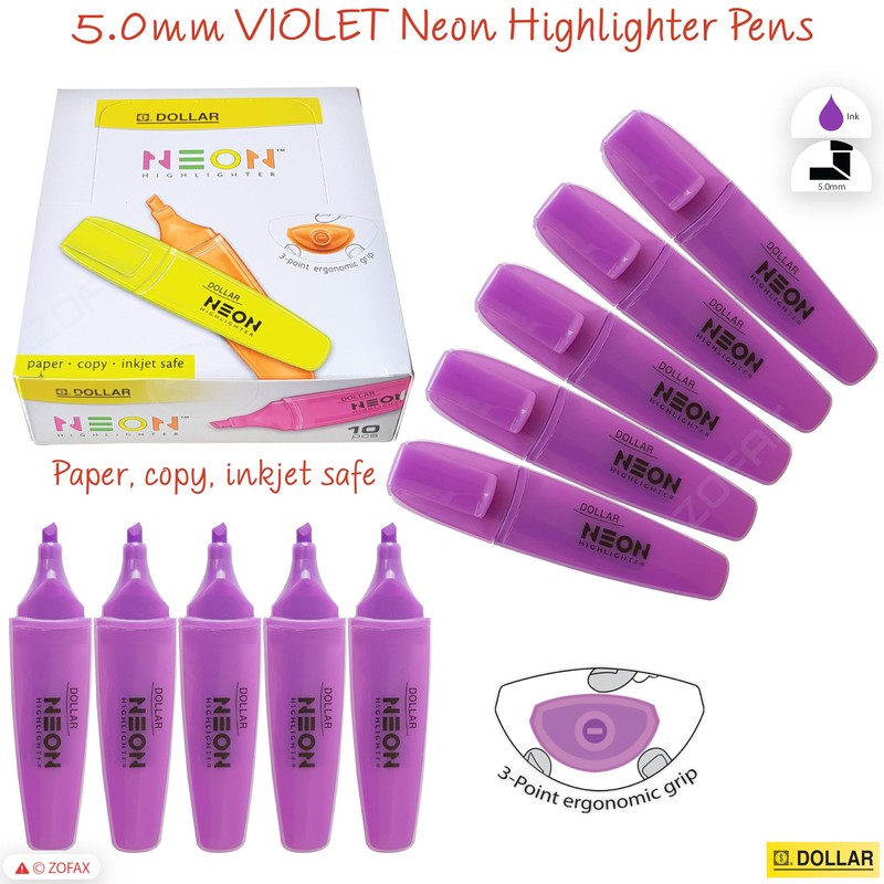 DOLLAR HL625 Neon Fluorescent Highlighter Pens, VIOLET, Pack of 10,