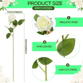 Hotop 80 Pcs Artificial Rose Flowers Bulk with Long Stem Fake Roses Silk Realistic Roses Bouquet for DIY Wedding Bridal Shower Party Table Centerpieces Home Decorations(White)