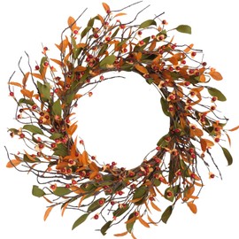 18 Inch Fall Wreath for Front Door Artificial Welcome Wreaths with Leaves Berry Autumn Farmhouse Wreath for Inside Outside Wall Porch Harvest Thanksgiving Day Decor Orange