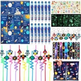 LiYiQ 87 Pcs Space Party Favors with Space Spiral Notebooks 10 in 1 Pen Reusable Straws Slap Bracelets Keychains Space Temporary Tattoo Stickers and Gift Bags for Kids Space Birthday Party Supplies