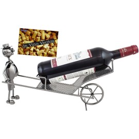BRUBAKER Wine Bottle Holder 'Man with Wheelbarrow' - Metal Sculpture - Wine Rack Decor - Tabletop - with Greeting Card