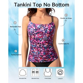 Pink Flower Tankini Tops for Women 2025 - Tummy Control Swim Top Only Modest Bathing Suit Top Swimsuit Top No Bottom L