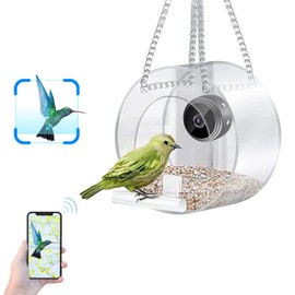 Clear Window Bird Feeder with Camera, Smart Transparent Birdfeeder with HD 1080P Camera for Outdoor Bird Watching, Birdhouse with Camera for Close Up View Photo Taking Video Recording (Round)
