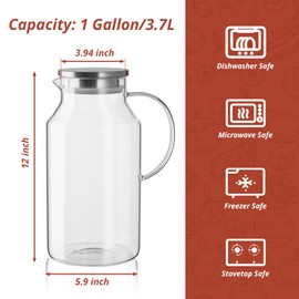 1 Gallon Glass Pitcher with Lid and Spout, Glass Water Pitcher for Fridge, Glass Carafe for Hot/Cold Water, Large Jug for Iced Tea, Coffee, Juice and Homemade Beverage