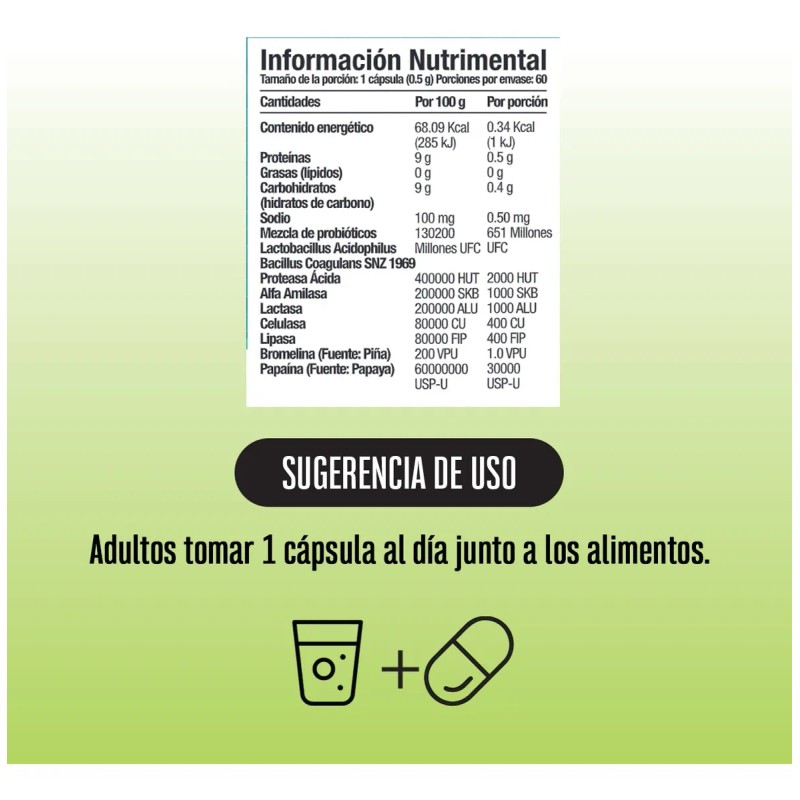 Digestión, Inflamación, Probióticos + Enzymas - 60 Cápsulas Sin Sabor