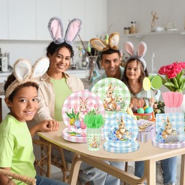 144Pcs Bunny Plates and Napkins - Colorful Gingham Spring Floral Rabbits Themed Dinnerware Set for Happy Easter Party Decorations
