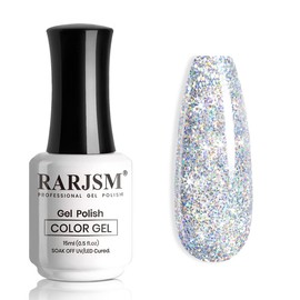RARJSM Glitter Gel Nail Polish Silver Sparkly Iridescent Glitter Gel Polish 15ml Chunky Shimmer Holographic Rainbow Effect Soak off Led UV Curing Required High Pigments Gel for Salon DIY Manicure