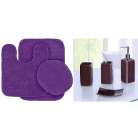 TRP Super Soft 3 Piece Chenille Bath Rug Set with Matching Accessories 4 Piece | Purple Plum Color Non-Slip Backing Quick Dry Water Absorbent Plush Warm Cozy Underfoot Feel | Washable Bath Mat