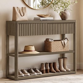 SICOTAS Fluted Entryway Table with Storage, 44.13" W Console Table with 2 Drawers & 2 Tier Storage Shelves, Modern Sofa Table Behind The Couch for Living Room, Entrance, Hallway, Foyer, Grey Alder