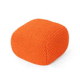 Christopher Knight Home Lucy Knitted Cotton Square Pouf, Orange, Small