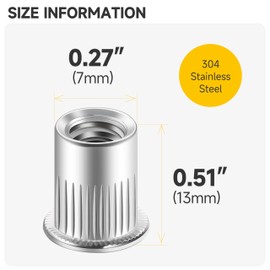 Mywish 100Pcs #8-32 Rivet Nuts, 304 Stainless Steel Flat Head Knurled Body RIV Nuts, Hardware Nuts Threaded Inserts Rivnuts for Wood & Metal, Rivnuts Rivets Nutsert Set