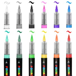 POMAC Acrylic Paint Markers Pens 12 Assorted Colors, Water-Based Paint Markers Brush Tip, No-Bleed Liquid Acrylic Marker Pens Waterproof for Fabric, Canvas, Rock, Glass, Wood, DIY Crafts, Art Supplies