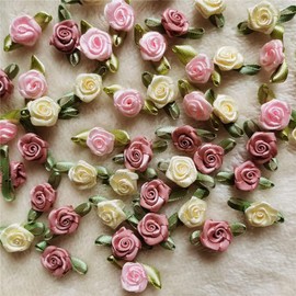 100Pcs 15mm Multicoloured Mini Rose Flowers Satin Ribbon Bows Appliques DIY Sewing Craft Accessories Wedding Bride Gift Decoration, Trim and Embellishments
