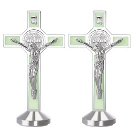 2 Pieces 3 Inch Metal Enamel Saint Benedict Medal Standing Crucifix Glow in The Dark Crucifix Wall Cross Religious Gifts,Sticker on bottom to stick on Table Top,Car or Home Altar (Luminous)