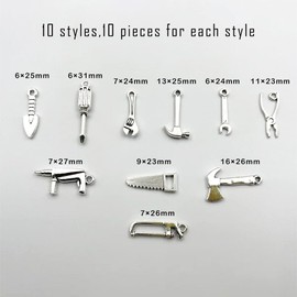 100Pcs Mini Tool Charms for Jewelry Making Hammer Wrench Tool Pendants