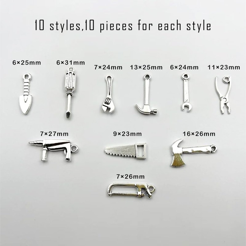 100Pcs Mini Tool Charms for Jewelry Making Hammer Wrench Tool
