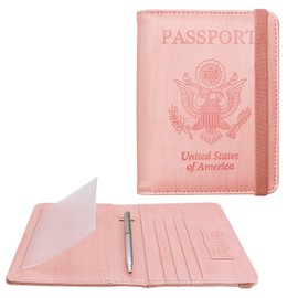 WALNEW Passport Holder for Travel, RFID Passport Cover Wallet for Women Men, PU Leather Passport Book Case with Pen Holder and Clear Photo Slot, Pink