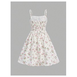 RoseSeek Girl's Floral Print Summer Dress Bowknot Ruched Bust A Line Cami Dress High Waist Ruffle Hem Cute Sun Dresses White and Pink 10Y