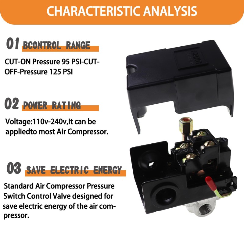 Nihfien 95-125 PSI Air Compressor Pressure Switch Control Valve 110V-240V