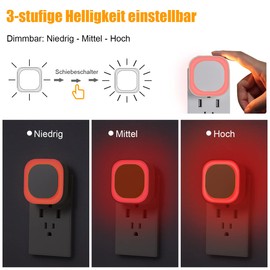 YUNLEX Night Lights, Set of 2, 3-Level Adjustable Night Lights with Twilight Sensor, Indirect Light, Automatic Socket Light for Baby, Nursery, Bedroom, Hallway, Red