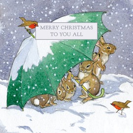 Museums & Galleries Artistic Christmas Greeting Card - To You All - Rabbits Sheltering Under an Umbrella - From the Festive Wishes Range