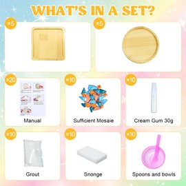 Airsnigi 10 Set DIY Mosaic Tiles for Crafts Mixed Color Glass Mosaic Kits with Wooden Coasters DlY Coasters Kit Mosaic Supplies for Adult DIY Kit Bamboo Coaster Christmas Gift for Drinks Tray