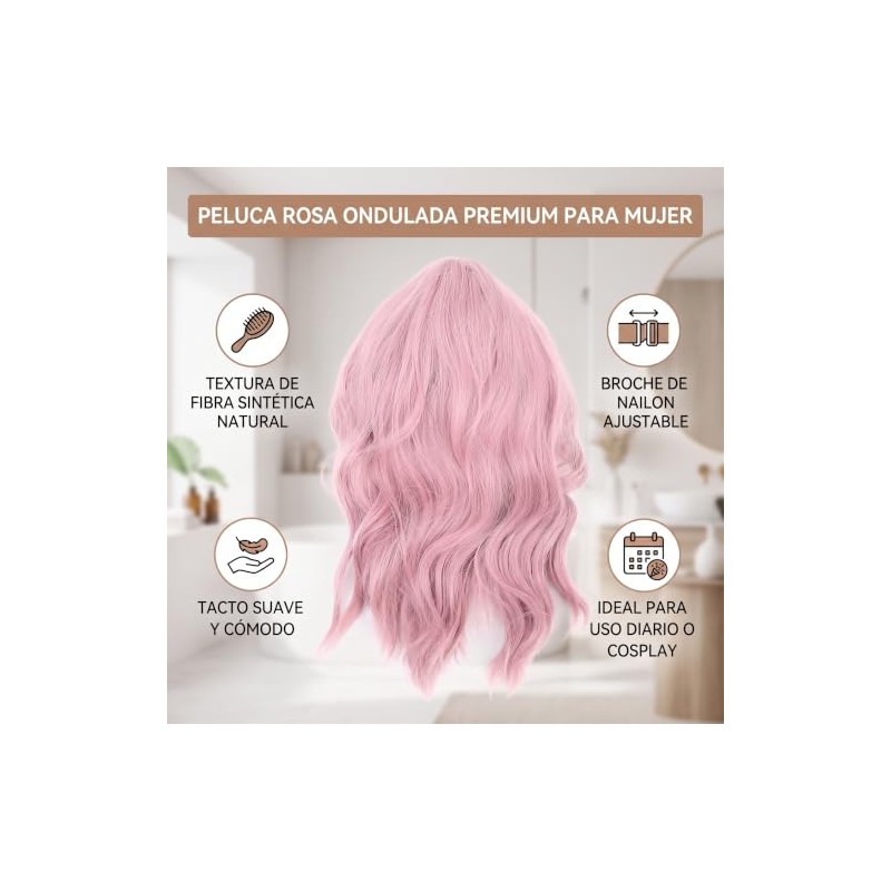 Peluca Ondulada Rosa Corta de 36 cm, Pelucas Sintéticas Rizadas,