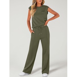 ANRABESS Two Piece Sets for Women Summer Sleeveless Sweatsuits Wide Leg Casual Lounge Set Matching Vacation Travel Outfits Medium