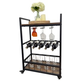 3-Story Bar Cart with Wheels, Wine Rack, Glass Rack, for Kitchen, Living Room, Dining Room(Brown, 13.38" L×13.39" W×35.43" H).